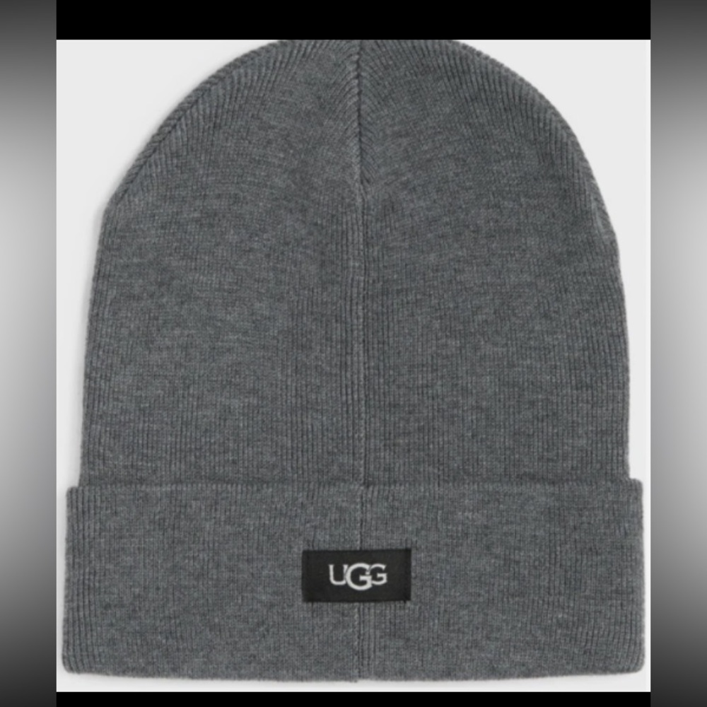 UGG Logo Knit Beanie Hat Folded Cuff One Size Charcoal NWT